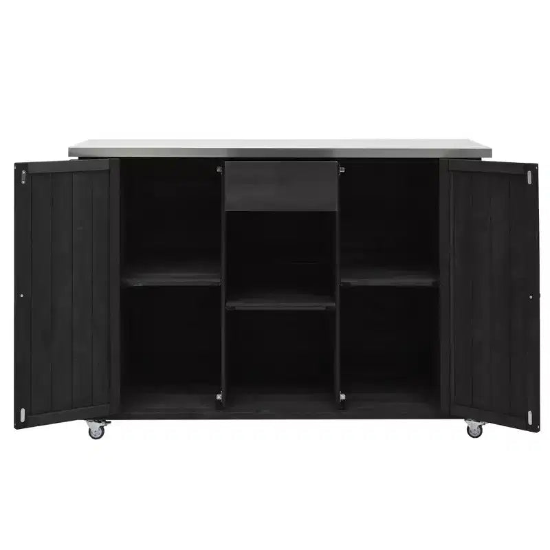 Outdoor Kitchen Islands, Patio Firewood Storage Cabinet with Foldable Stainless Steel Top, Spice Racks, Lockable Wheels -ModernLuxe