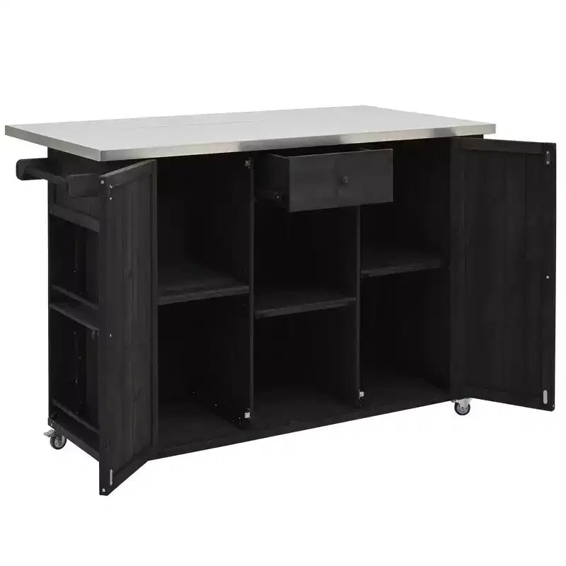Outdoor Kitchen Islands, Patio Firewood Storage Cabinet with Foldable Stainless Steel Top, Spice Racks, Lockable Wheels -ModernLuxe