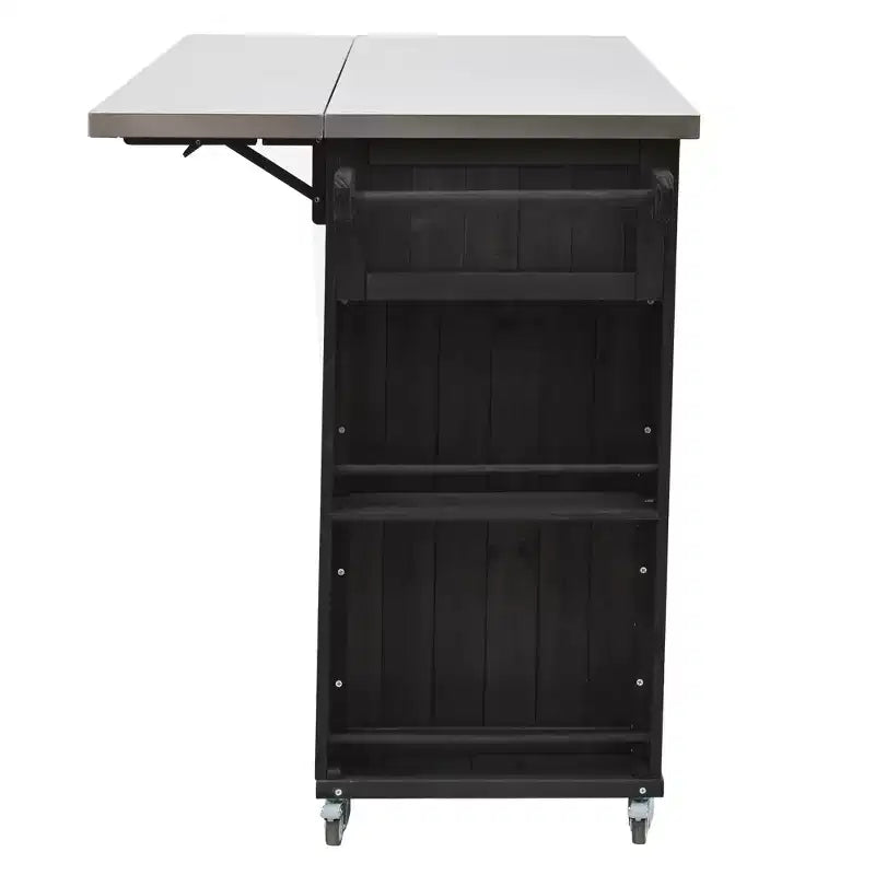 Outdoor Kitchen Islands, Patio Firewood Storage Cabinet with Foldable Stainless Steel Top, Spice Racks, Lockable Wheels -ModernLuxe
