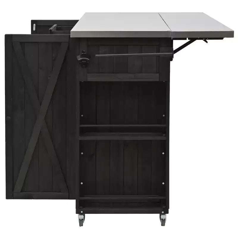 Outdoor Kitchen Islands, Patio Firewood Storage Cabinet with Foldable Stainless Steel Top, Spice Racks, Lockable Wheels -ModernLuxe