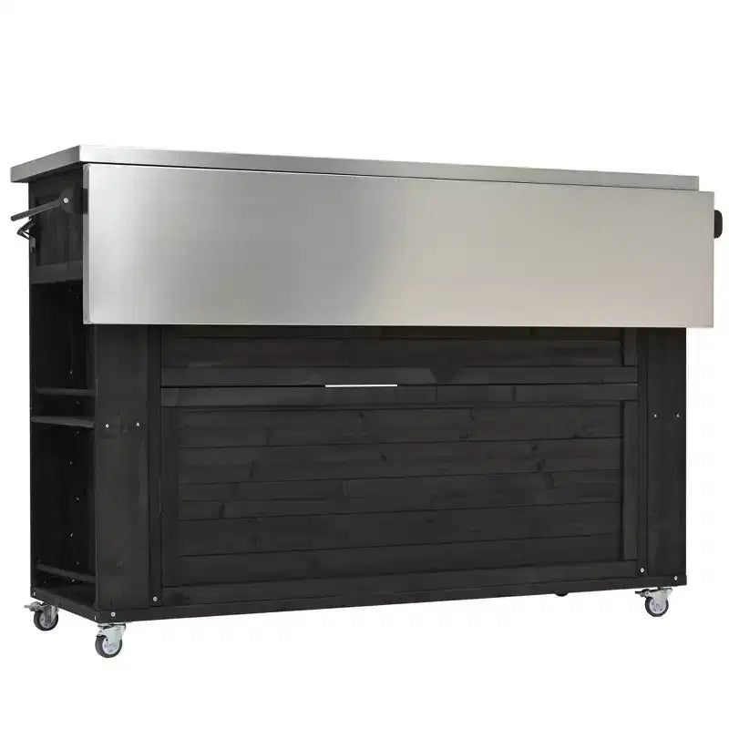Outdoor Kitchen Islands, Patio Firewood Storage Cabinet with Foldable Stainless Steel Top, Spice Racks, Lockable Wheels -ModernLuxe