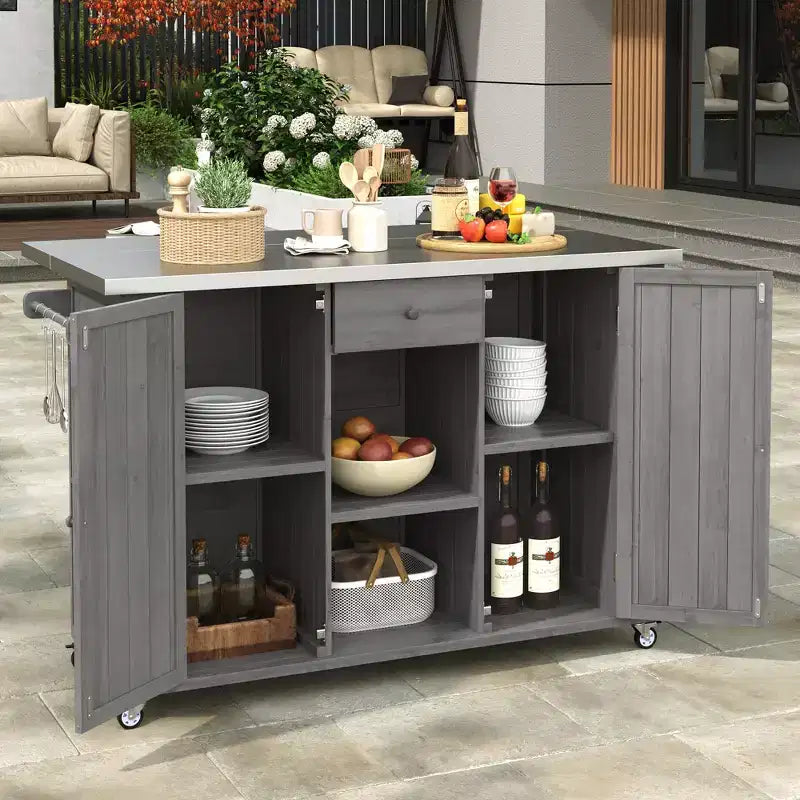 Outdoor Kitchen Islands, Patio Firewood Storage Cabinet with Foldable Stainless Steel Top, Spice Racks, Lockable Wheels -ModernLuxe