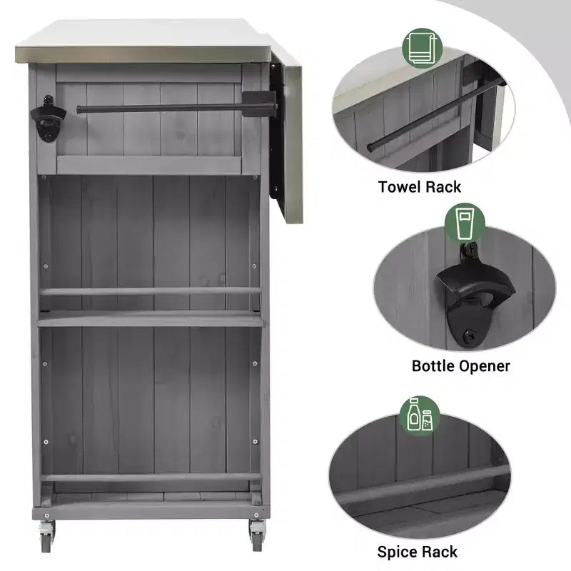 Outdoor Kitchen Islands, Patio Firewood Storage Cabinet with Foldable Stainless Steel Top, Spice Racks, Lockable Wheels -ModernLuxe