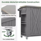 Outdoor Kitchen Islands, Patio Firewood Storage Cabinet with Foldable Stainless Steel Top, Spice Racks, Lockable Wheels -ModernLuxe