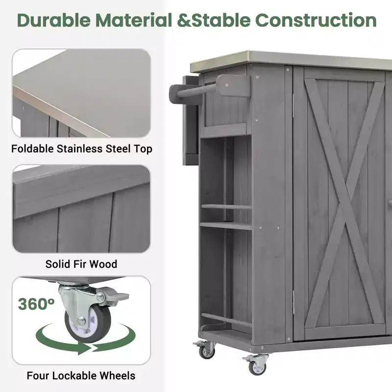Outdoor Kitchen Islands, Patio Firewood Storage Cabinet with Foldable Stainless Steel Top, Spice Racks, Lockable Wheels -ModernLuxe