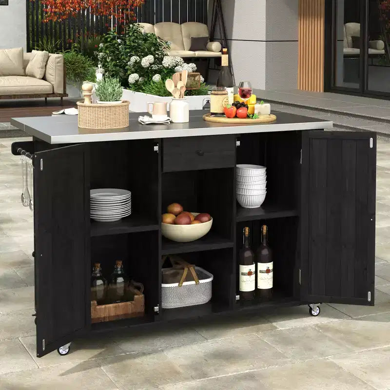 Outdoor Kitchen Islands, Patio Firewood Storage Cabinet with Foldable Stainless Steel Top, Spice Racks, Lockable Wheels -ModernLuxe