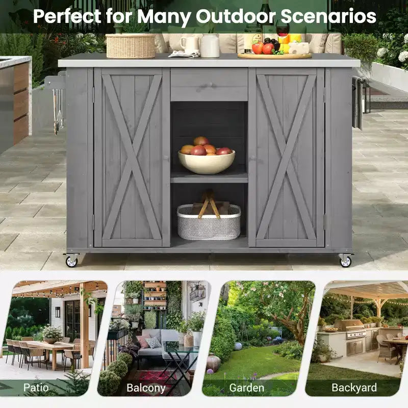 Outdoor Kitchen Islands, Patio Firewood Storage Cabinet with Foldable Stainless Steel Top, Spice Racks, Lockable Wheels -ModernLuxe