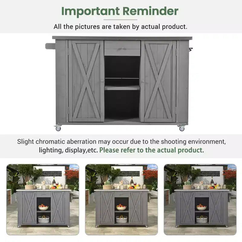 Outdoor Kitchen Islands, Patio Firewood Storage Cabinet with Foldable Stainless Steel Top, Spice Racks, Lockable Wheels -ModernLuxe