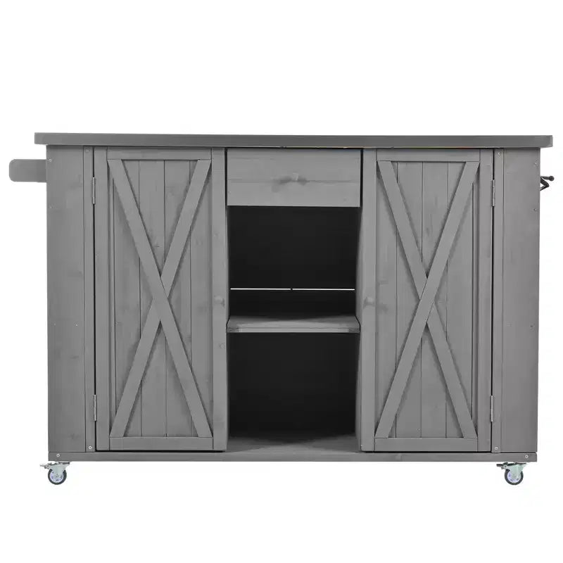 Outdoor Kitchen Islands, Patio Firewood Storage Cabinet with Foldable Stainless Steel Top, Spice Racks, Lockable Wheels -ModernLuxe