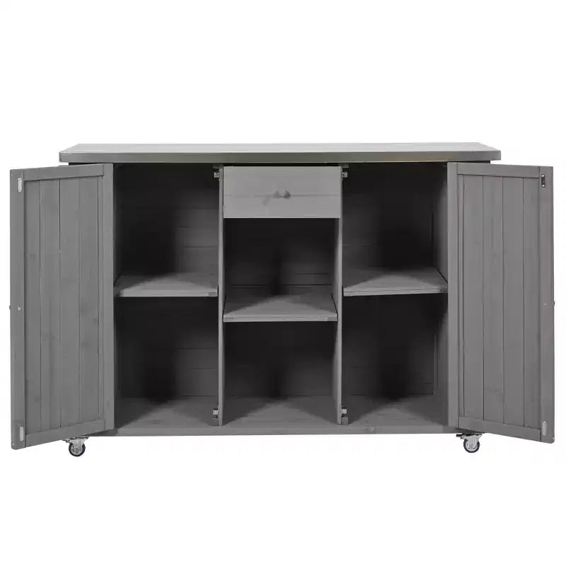 Outdoor Kitchen Islands, Patio Firewood Storage Cabinet with Foldable Stainless Steel Top, Spice Racks, Lockable Wheels -ModernLuxe
