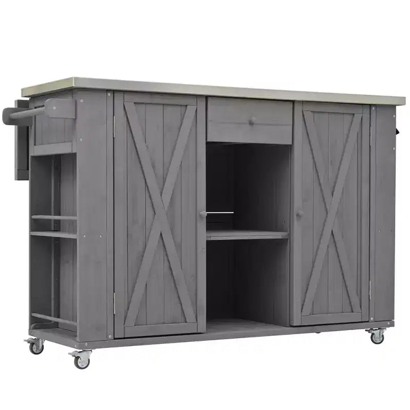 Outdoor Kitchen Islands, Patio Firewood Storage Cabinet with Foldable Stainless Steel Top, Spice Racks, Lockable Wheels -ModernLuxe