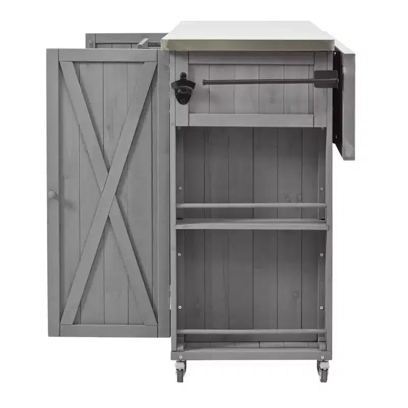 Outdoor Kitchen Islands, Patio Firewood Storage Cabinet with Foldable Stainless Steel Top, Spice Racks, Lockable Wheels -ModernLuxe