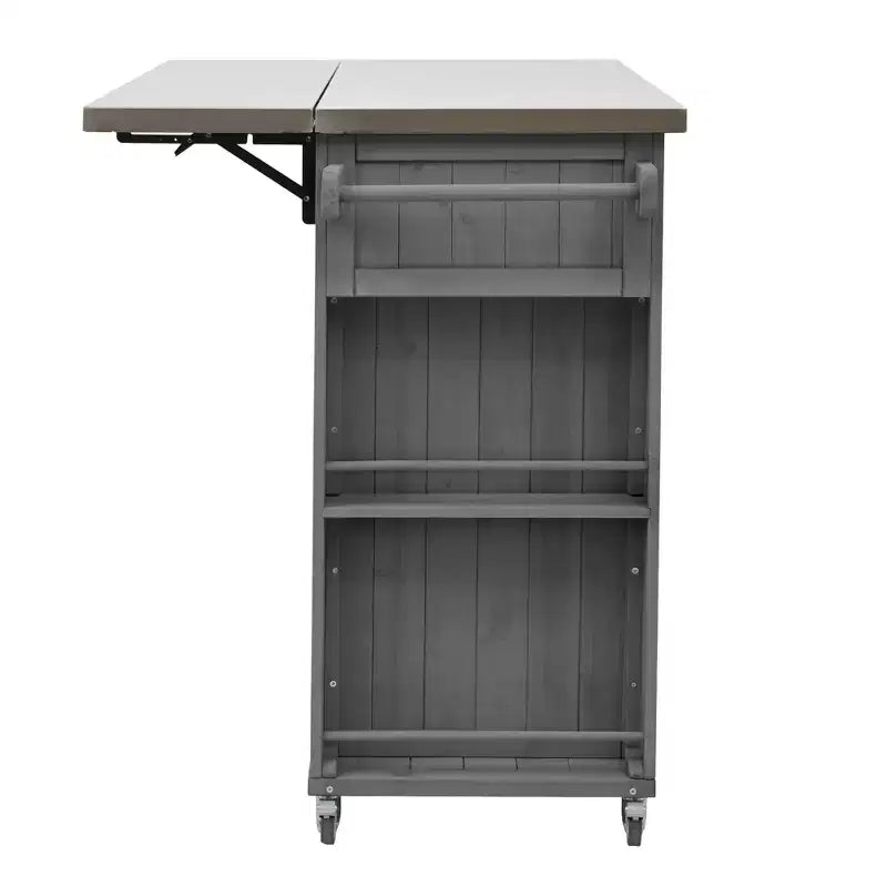 Outdoor Kitchen Islands, Patio Firewood Storage Cabinet with Foldable Stainless Steel Top, Spice Racks, Lockable Wheels -ModernLuxe