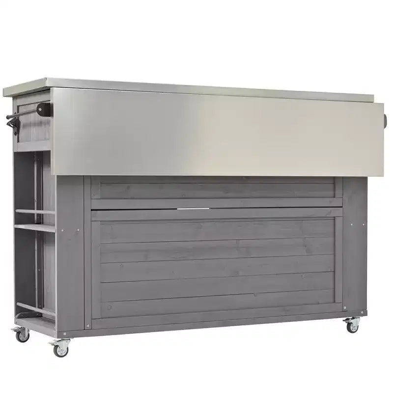 Outdoor Kitchen Islands, Patio Firewood Storage Cabinet with Foldable Stainless Steel Top, Spice Racks, Lockable Wheels -ModernLuxe