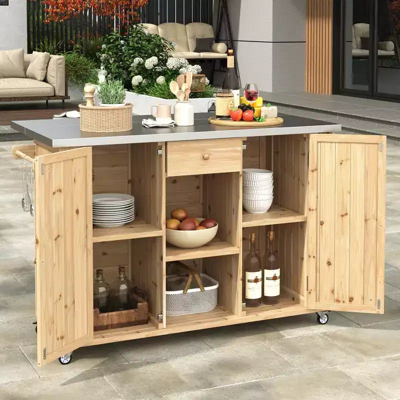 Outdoor Kitchen Islands, Patio Firewood Storage Cabinet with Foldable Stainless Steel Top, Spice Racks, Lockable Wheels -ModernLuxe