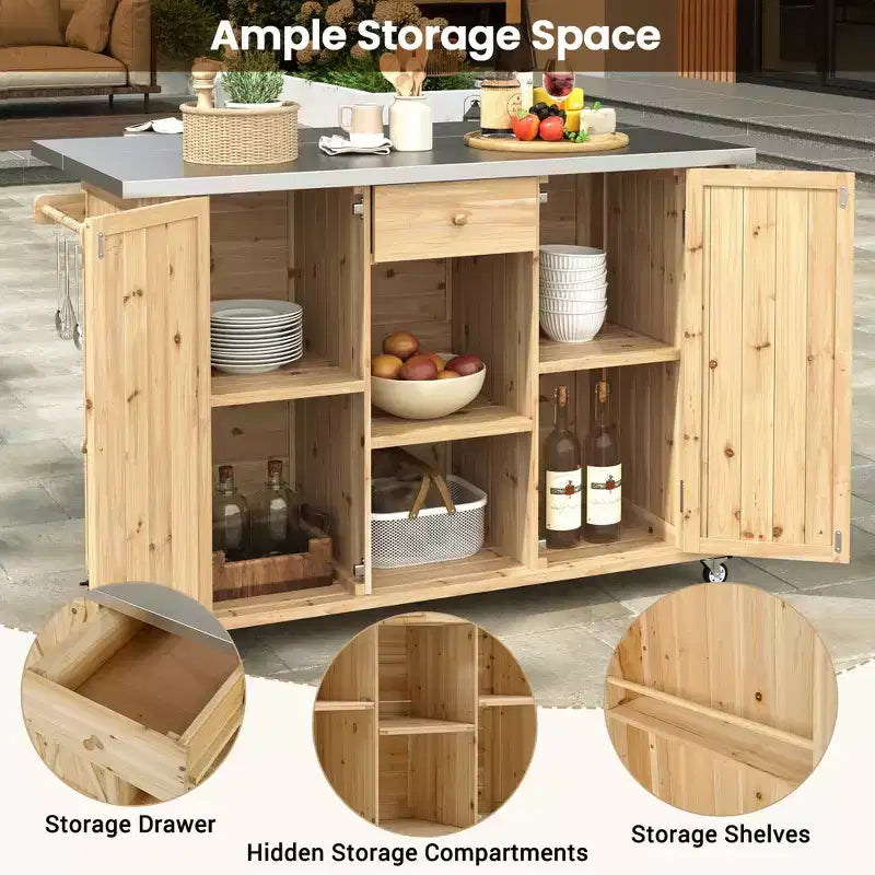 Outdoor Kitchen Islands, Patio Firewood Storage Cabinet with Foldable Stainless Steel Top, Spice Racks, Lockable Wheels -ModernLuxe