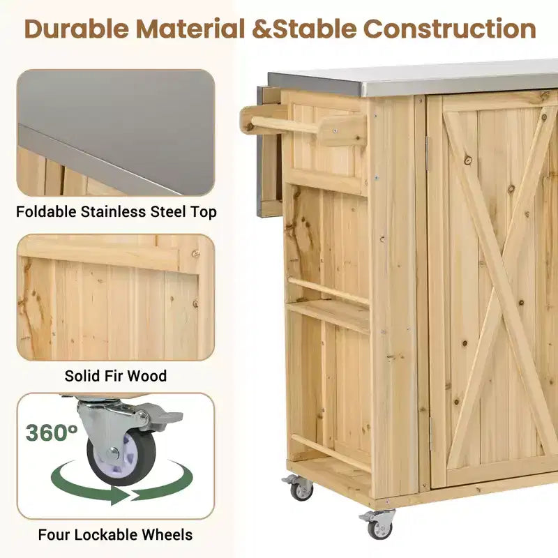Outdoor Kitchen Islands, Patio Firewood Storage Cabinet with Foldable Stainless Steel Top, Spice Racks, Lockable Wheels -ModernLuxe