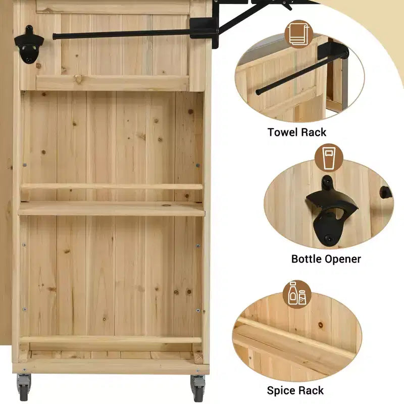 Outdoor Kitchen Islands, Patio Firewood Storage Cabinet with Foldable Stainless Steel Top, Spice Racks, Lockable Wheels -ModernLuxe