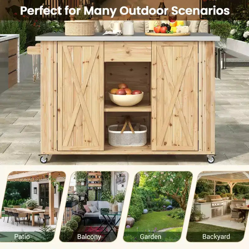 Outdoor Kitchen Islands, Patio Firewood Storage Cabinet with Foldable Stainless Steel Top, Spice Racks, Lockable Wheels -ModernLuxe