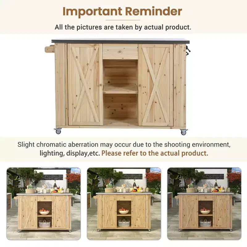 Outdoor Kitchen Islands, Patio Firewood Storage Cabinet with Foldable Stainless Steel Top, Spice Racks, Lockable Wheels -ModernLuxe