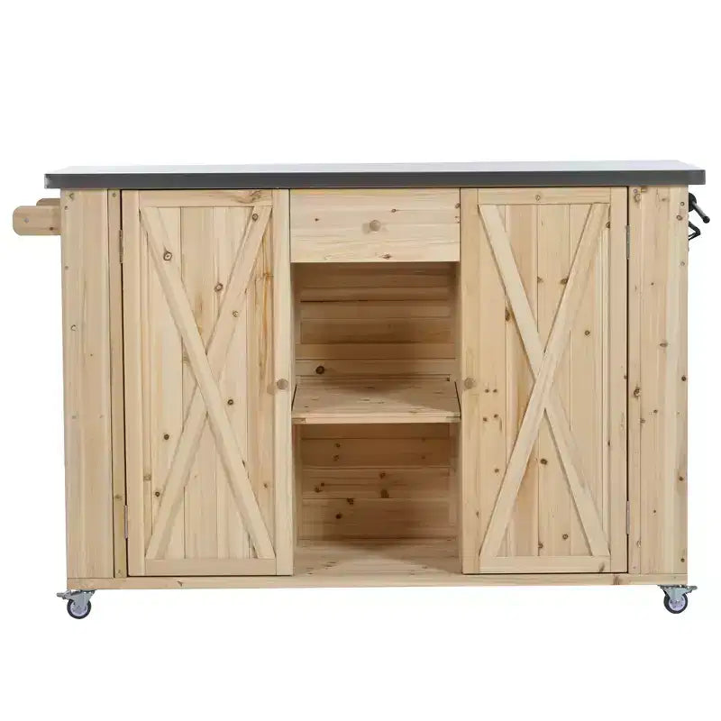 Outdoor Kitchen Islands, Patio Firewood Storage Cabinet with Foldable Stainless Steel Top, Spice Racks, Lockable Wheels -ModernLuxe