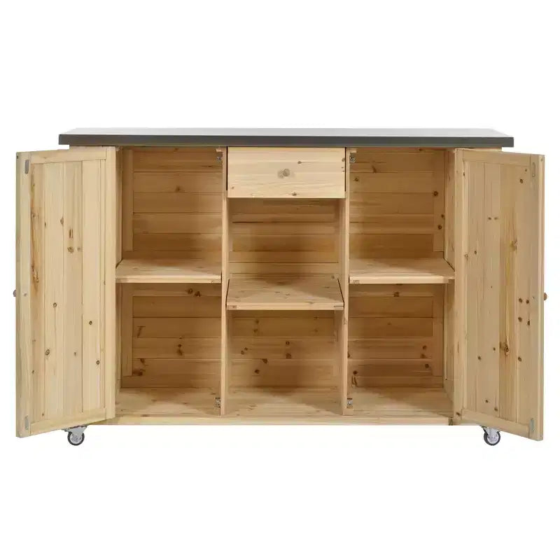 Outdoor Kitchen Islands, Patio Firewood Storage Cabinet with Foldable Stainless Steel Top, Spice Racks, Lockable Wheels -ModernLuxe