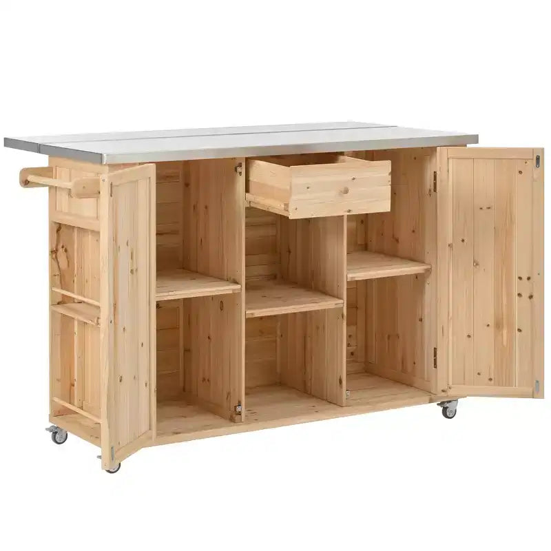 Outdoor Kitchen Islands, Patio Firewood Storage Cabinet with Foldable Stainless Steel Top, Spice Racks, Lockable Wheels -ModernLuxe