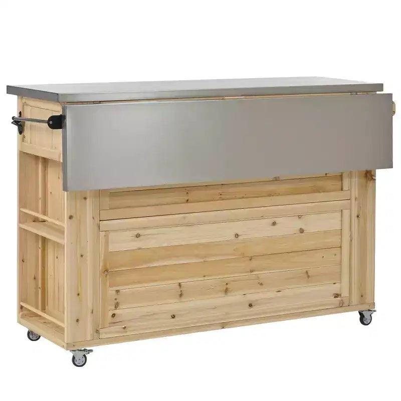Outdoor Kitchen Islands, Patio Firewood Storage Cabinet with Foldable Stainless Steel Top, Spice Racks, Lockable Wheels -ModernLuxe