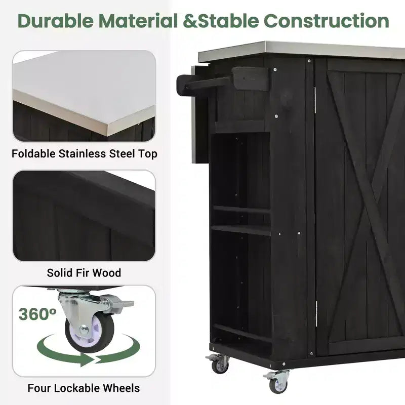 Outdoor Kitchen Islands, Patio Firewood Storage Cabinet with Foldable Stainless Steel Top, Spice Racks, Lockable Wheels -ModernLuxe
