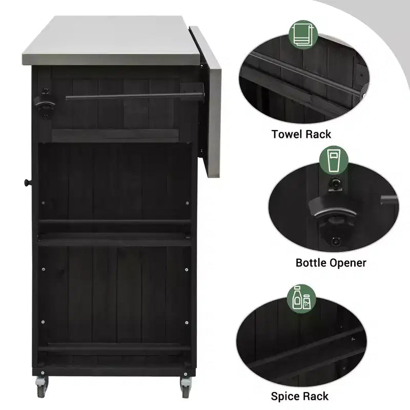 Outdoor Kitchen Islands, Patio Firewood Storage Cabinet with Foldable Stainless Steel Top, Spice Racks, Lockable Wheels -ModernLuxe
