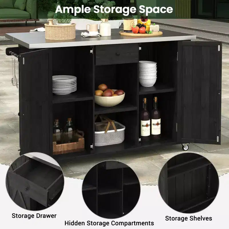Outdoor Kitchen Islands, Patio Firewood Storage Cabinet with Foldable Stainless Steel Top, Spice Racks, Lockable Wheels -ModernLuxe