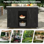 Outdoor Kitchen Islands, Patio Firewood Storage Cabinet with Foldable Stainless Steel Top, Spice Racks, Lockable Wheels -ModernLuxe
