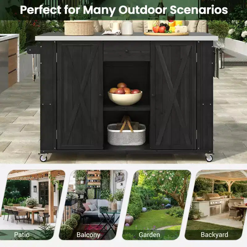 Outdoor Kitchen Islands, Patio Firewood Storage Cabinet with Foldable Stainless Steel Top, Spice Racks, Lockable Wheels -ModernLuxe