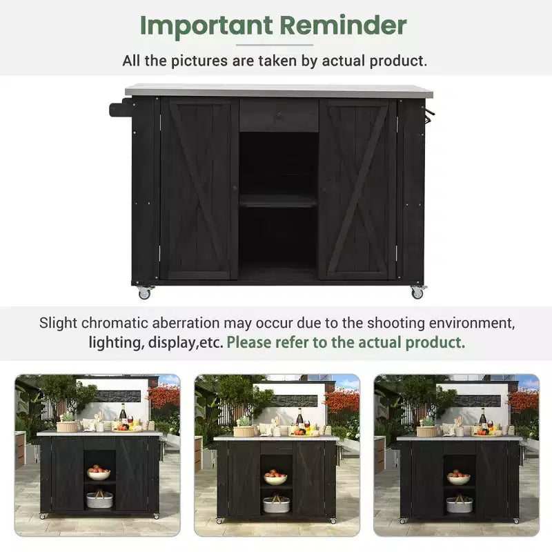 Outdoor Kitchen Islands, Patio Firewood Storage Cabinet with Foldable Stainless Steel Top, Spice Racks, Lockable Wheels -ModernLuxe