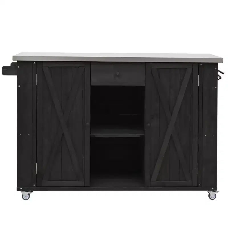 Outdoor Kitchen Islands, Patio Firewood Storage Cabinet with Foldable Stainless Steel Top, Spice Racks, Lockable Wheels -ModernLuxe