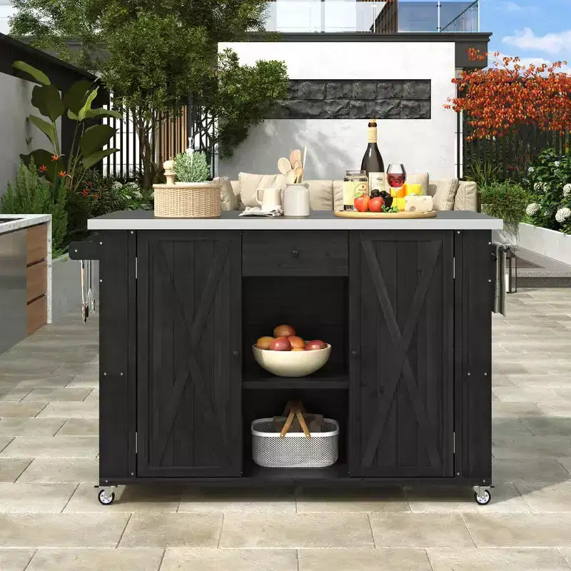 Outdoor Kitchen Islands, Patio Firewood Storage Cabinet with Foldable Stainless Steel Top, Spice Racks, Lockable Wheels -ModernLuxe