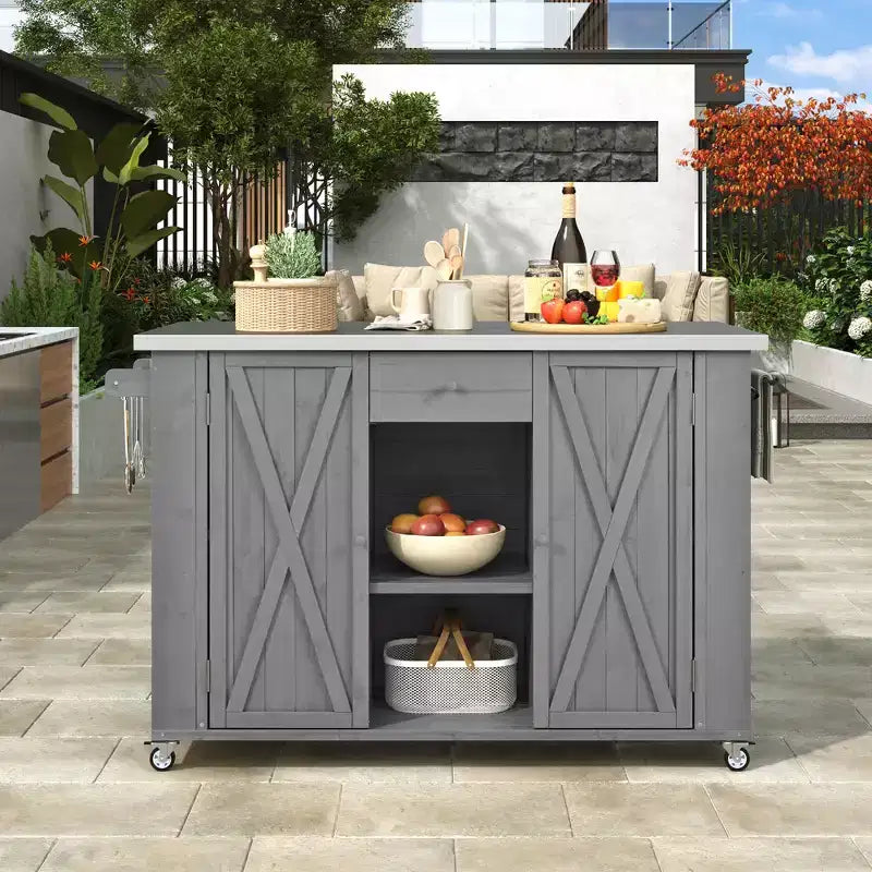 Outdoor Kitchen Islands, Patio Firewood Storage Cabinet with Foldable Stainless Steel Top, Spice Racks, Lockable Wheels -ModernLuxe