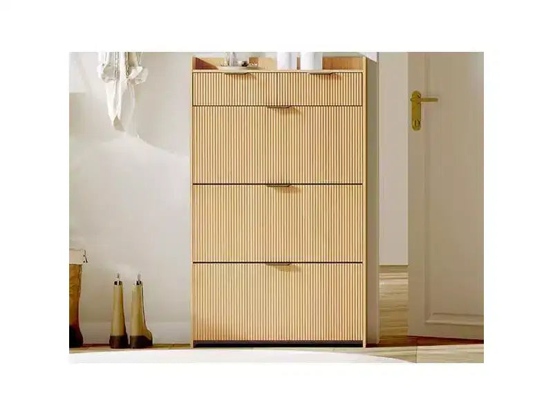 Modern Shoe Cabinet with 3 Flip Drawers & 2 Small Drawers & Hook, Slim Fluted Shoe Storage Organizer, Narrow Entryway Cabinet