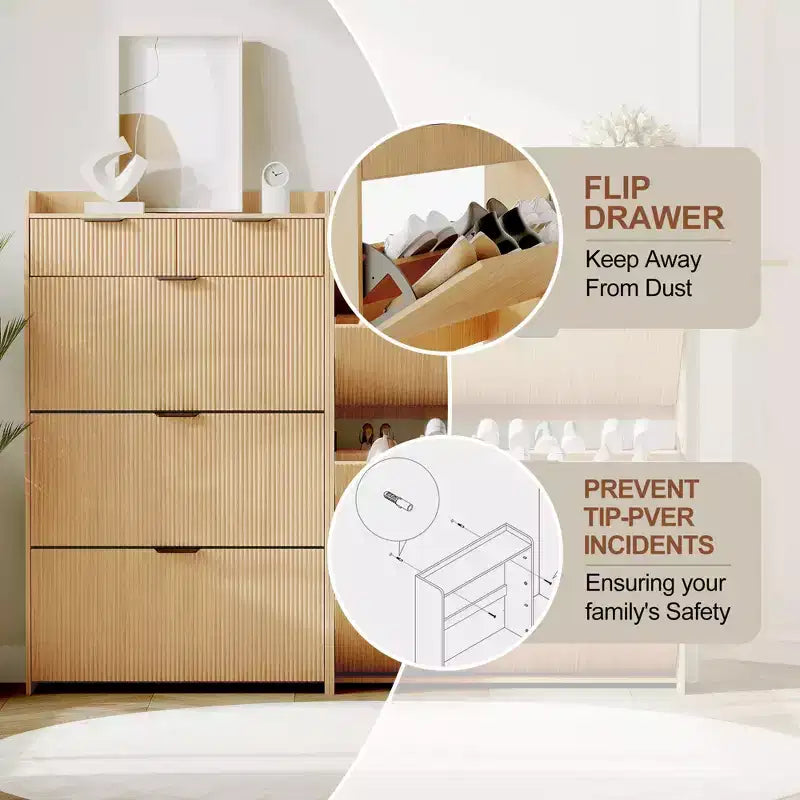 Modern Shoe Cabinet with 3 Flip Drawers & 2 Small Drawers & Hook, Slim Fluted Shoe Storage Organizer, Narrow Entryway Cabinet