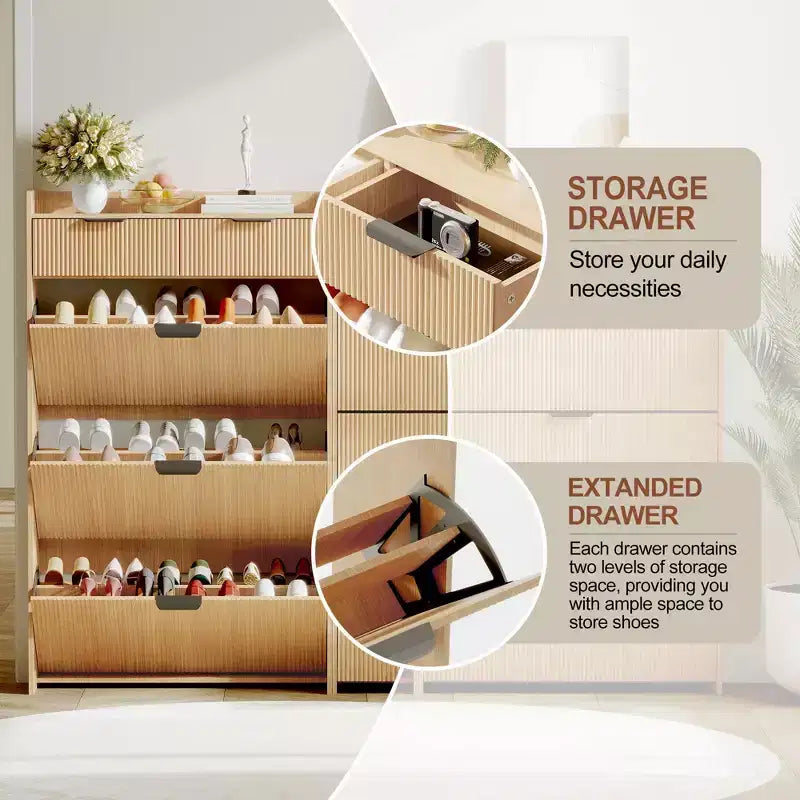 Modern Shoe Cabinet with 3 Flip Drawers & 2 Small Drawers & Hook, Slim Fluted Shoe Storage Organizer, Narrow Entryway Cabinet