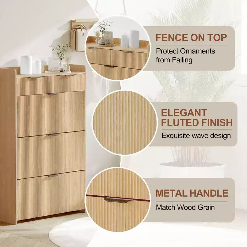 Modern Shoe Cabinet with 3 Flip Drawers & 2 Small Drawers & Hook, Slim Fluted Shoe Storage Organizer, Narrow Entryway Cabinet