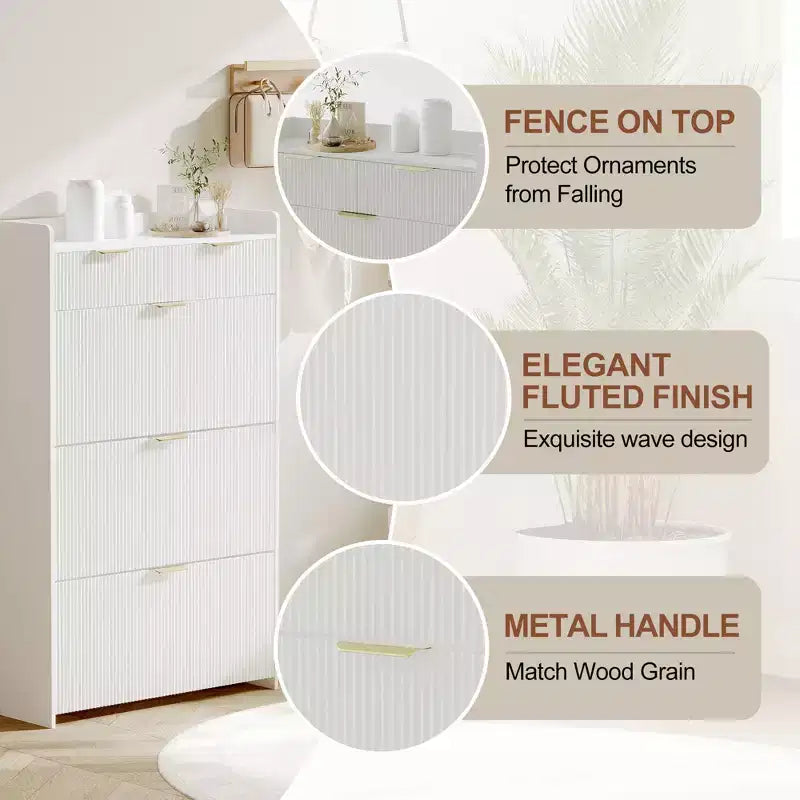 Modern Shoe Cabinet with 3 Flip Drawers & 2 Small Drawers & Hook, Slim Fluted Shoe Storage Organizer, Narrow Entryway Cabinet