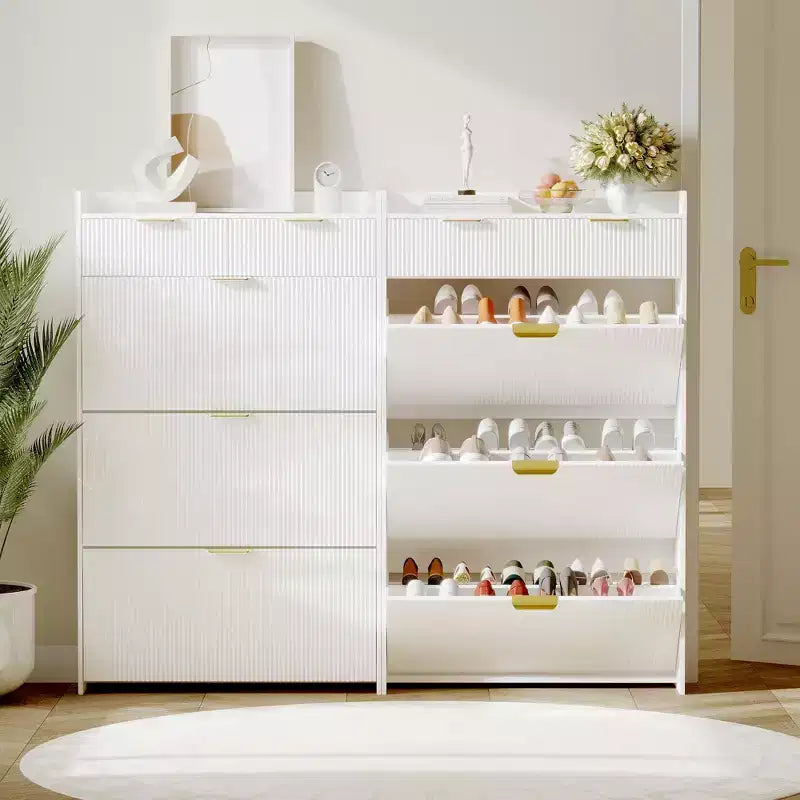 Modern Shoe Cabinet with 3 Flip Drawers & 2 Small Drawers & Hook, Slim Fluted Shoe Storage Organizer, Narrow Entryway Cabinet