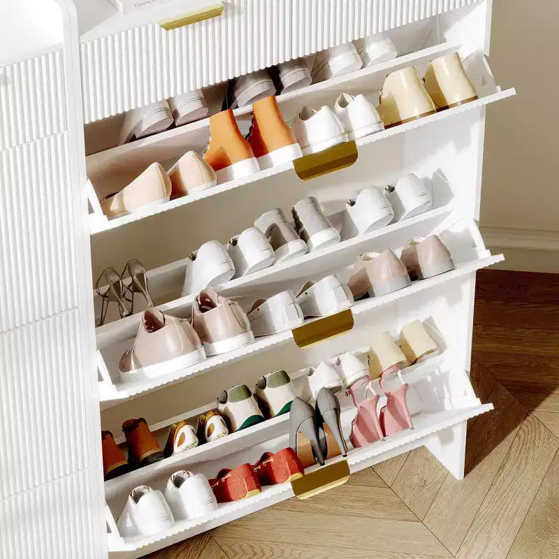 Modern Shoe Cabinet with 3 Flip Drawers & 2 Small Drawers & Hook, Slim Fluted Shoe Storage Organizer, Narrow Entryway Cabinet