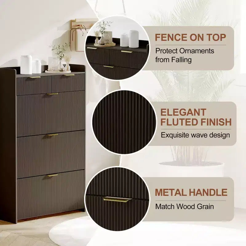 Modern Shoe Cabinet with 3 Flip Drawers & 2 Small Drawers & Hook, Slim Fluted Shoe Storage Organizer, Narrow Entryway Cabinet