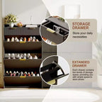 Modern Shoe Cabinet with 3 Flip Drawers & 2 Small Drawers & Hook, Slim Fluted Shoe Storage Organizer, Narrow Entryway Cabinet
