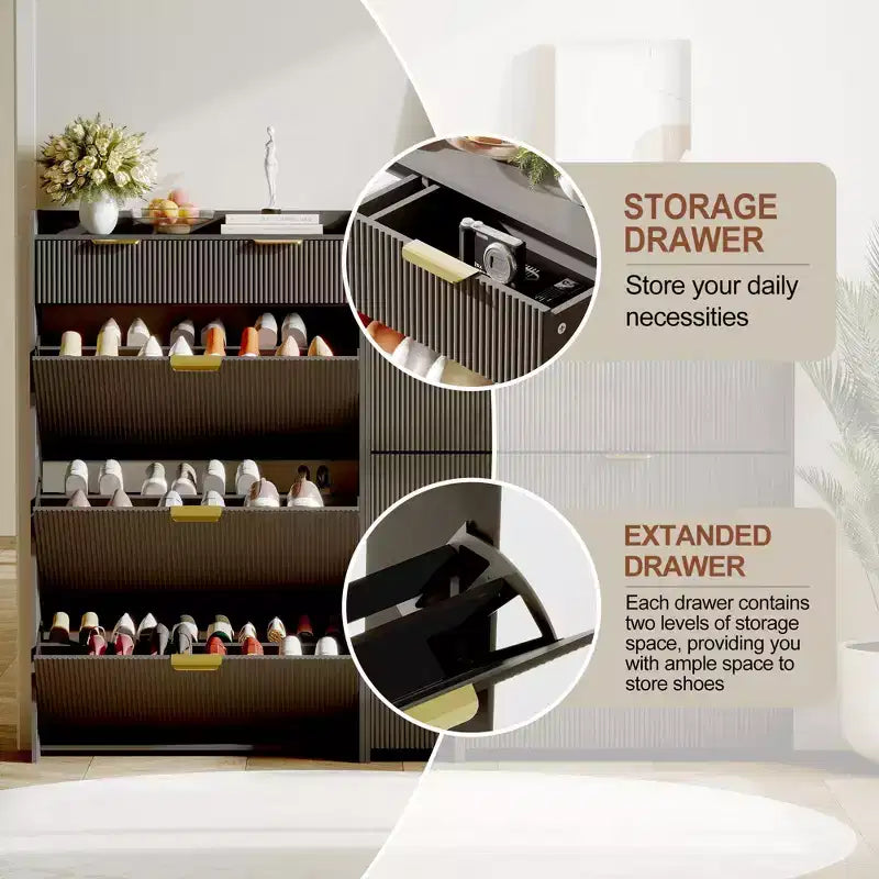 Modern Shoe Cabinet with 3 Flip Drawers & 2 Small Drawers & Hook, Slim Fluted Shoe Storage Organizer, Narrow Entryway Cabinet
