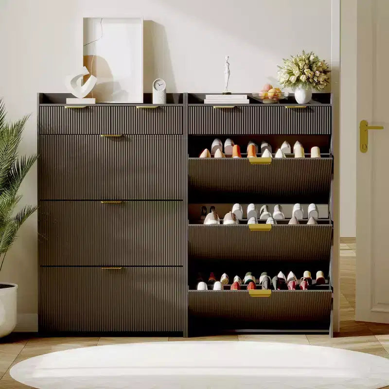 Modern Shoe Cabinet with 3 Flip Drawers & 2 Small Drawers & Hook, Slim Fluted Shoe Storage Organizer, Narrow Entryway Cabinet