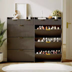 Modern Shoe Cabinet with 3 Flip Drawers & 2 Small Drawers & Hook, Slim Fluted Shoe Storage Organizer, Narrow Entryway Cabinet