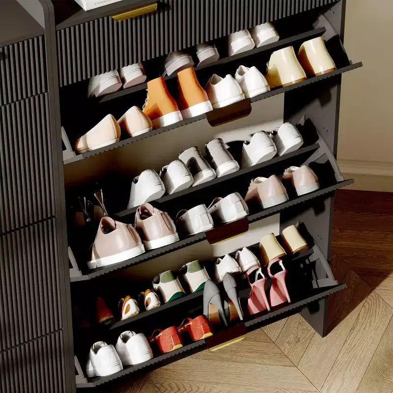 Modern Shoe Cabinet with 3 Flip Drawers & 2 Small Drawers & Hook, Slim Fluted Shoe Storage Organizer, Narrow Entryway Cabinet